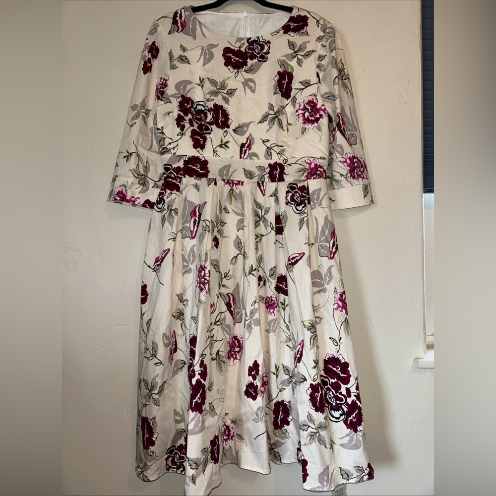 Simple Flavor Women's Floral Flare Midi Dress Vintage 3/4 Sleeve Size Large NEW